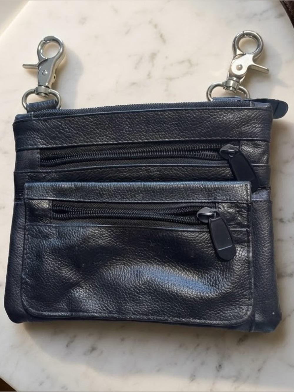 Black Leather Multi-Pocket
Biker Utility Purse/ Pouch with Swivel Clips 7" X 6"
